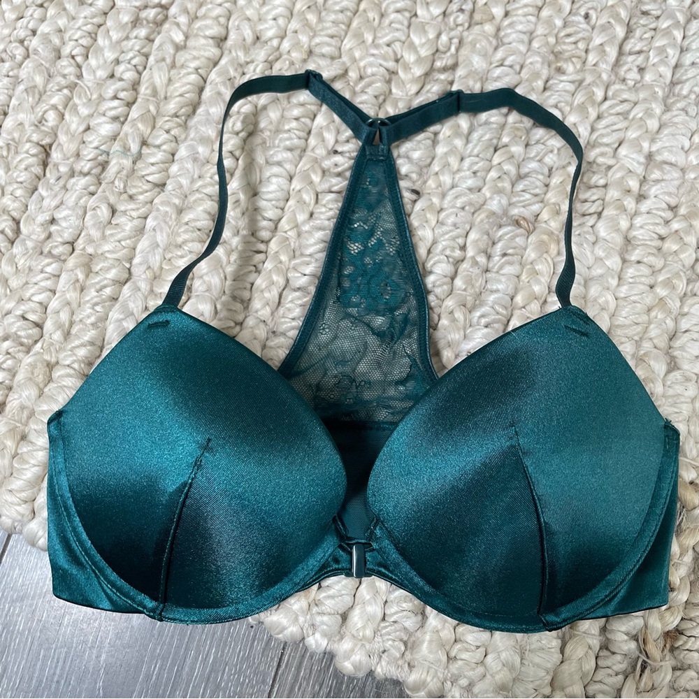 Curve Muse satin bra padded front closure lace green back size 32D